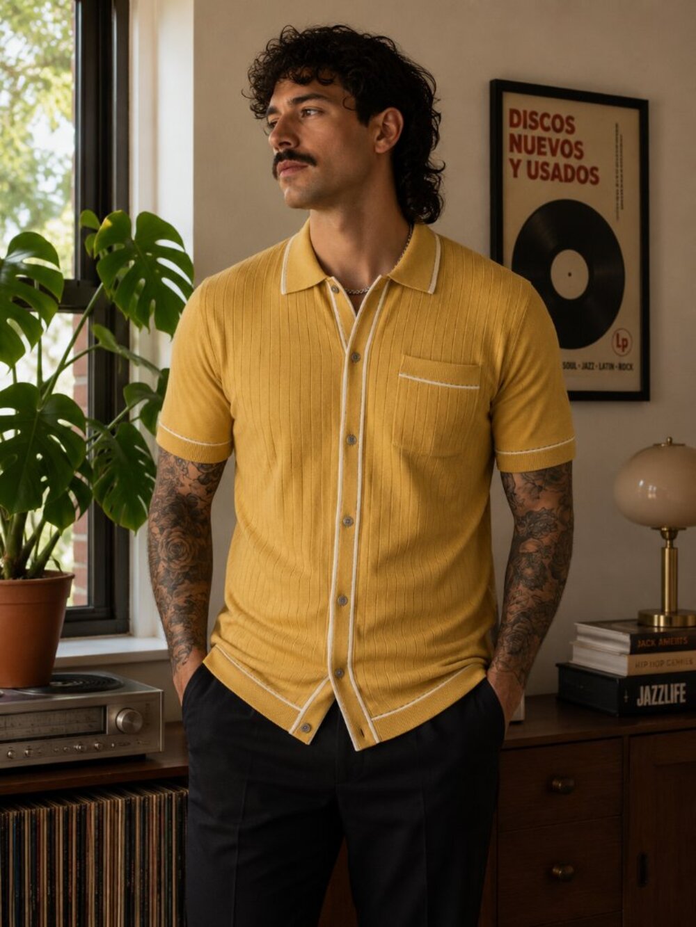 Large Men's Short Sleeve Full Placket RIVIERA Knit Polo Shirt Piped MOD Yellow